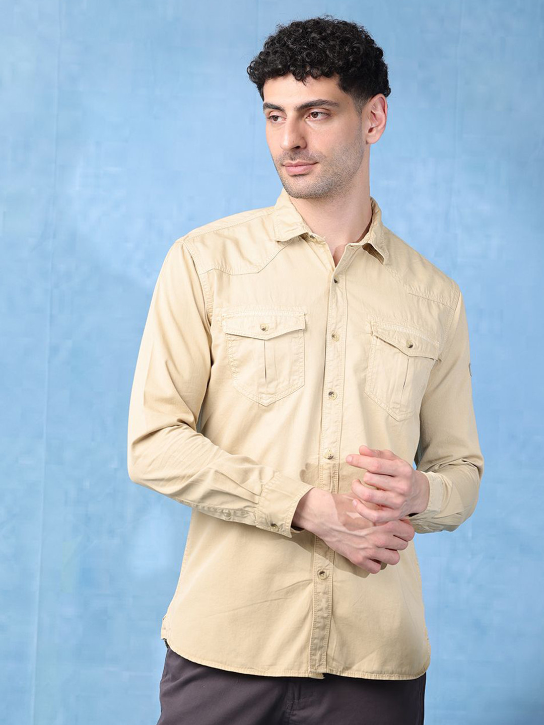 

RIGS AND RAGS Men Classic Fit Spread Collar Solid Cotton Casual Shirt, Beige