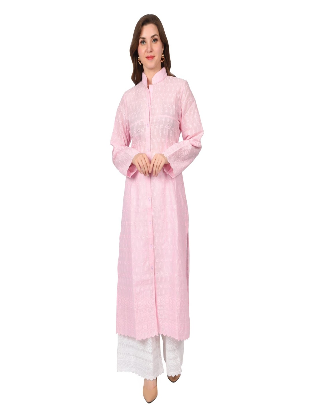 

Edyssa Floral Embroidered Mandarin Collar Straight Chikankari Kurta with Palazzos, Pink