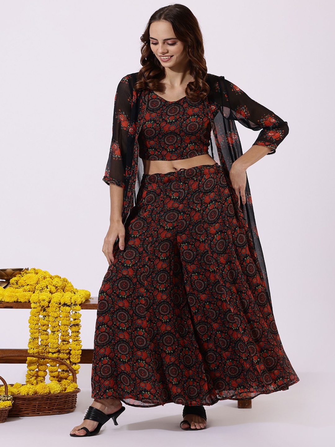 

W Floral Printed Shoulder Strap Top With Palazzo And Shrug, Black