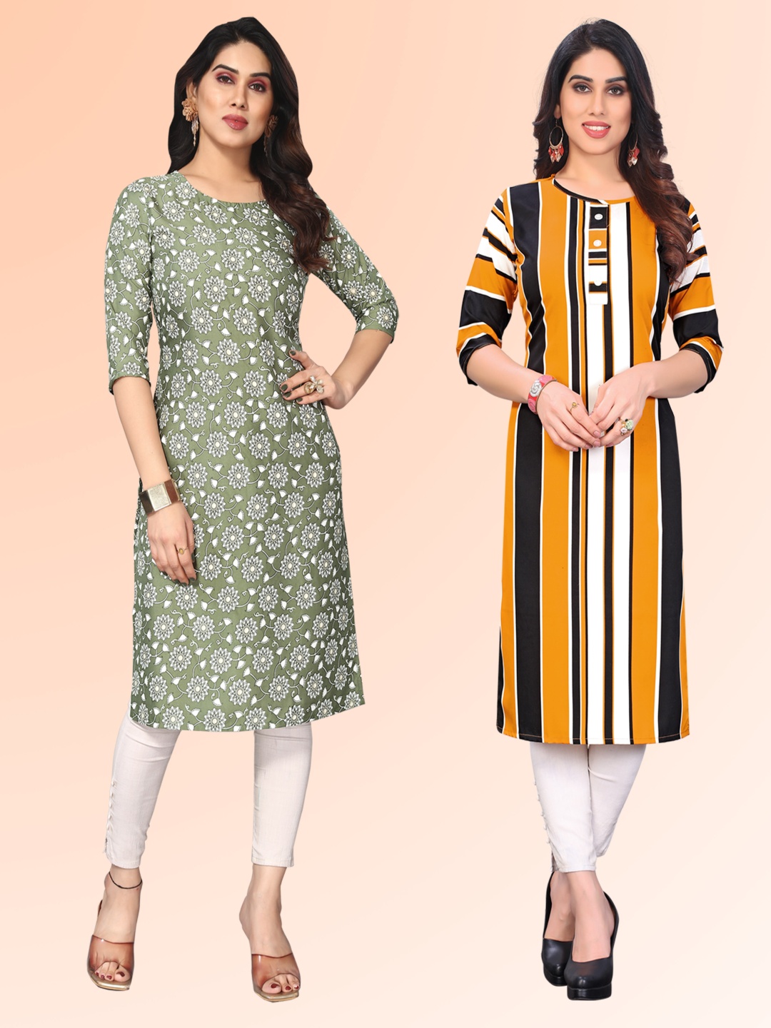 

KETAKI FASHION Selection Of 2 Striped Printed Round Neck Kurtas, Olive