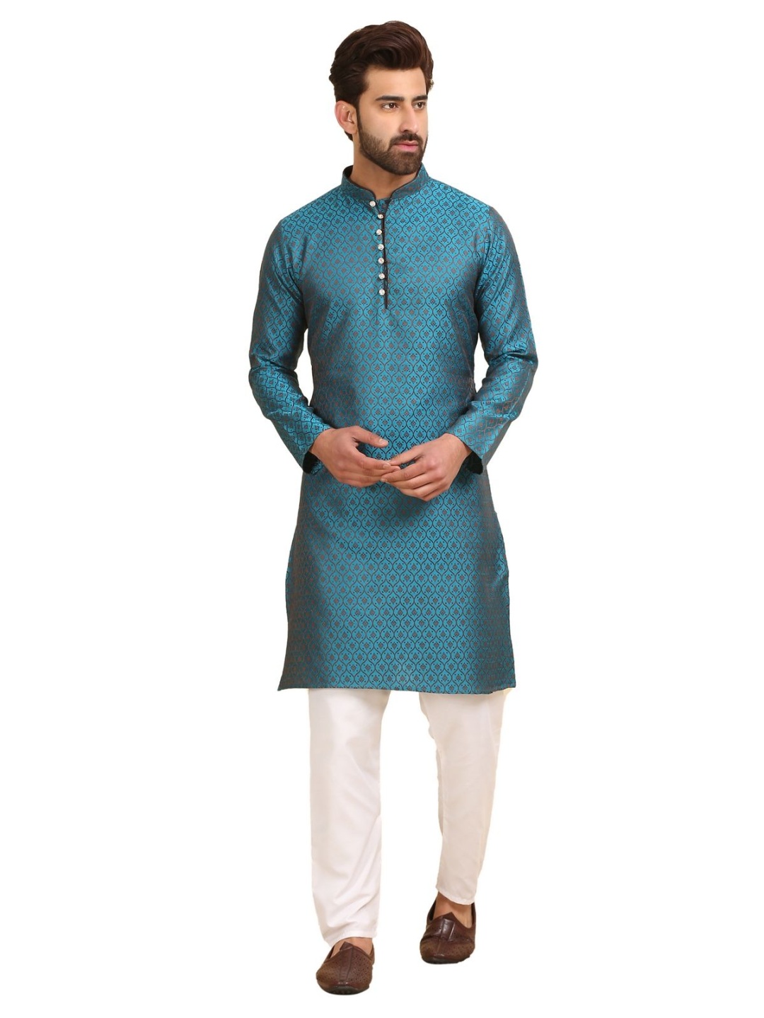 

Larwa Ethnic Motifs Woven Design Mandarin Collar Jacquard Weave Kurta With Pyjama, Blue