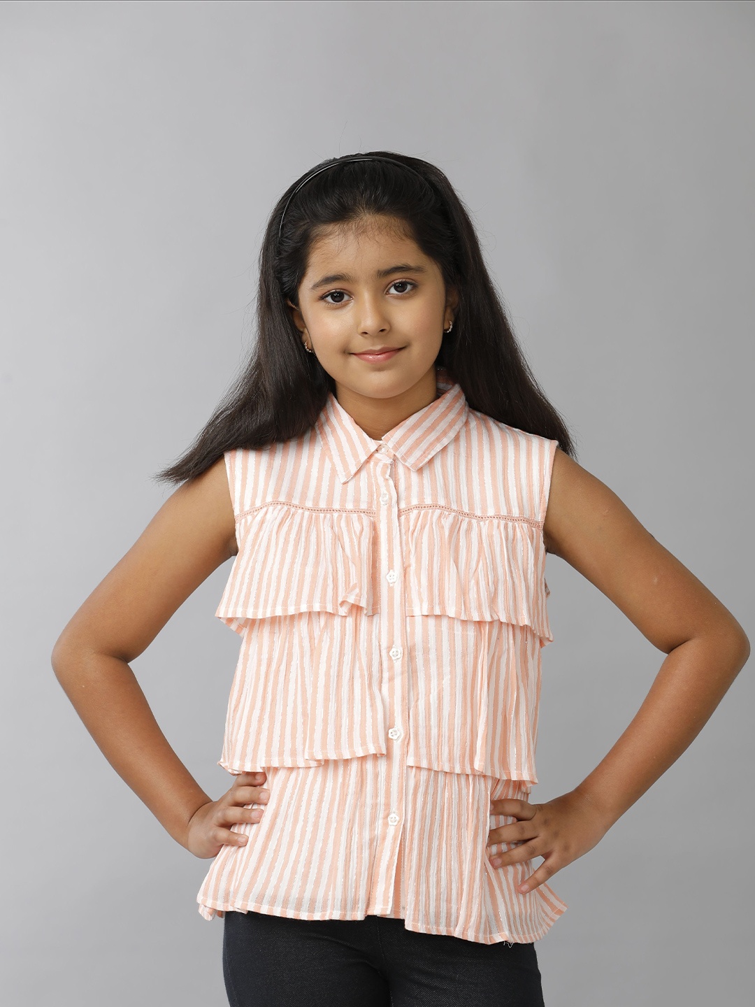 

UNDER FOURTEEN ONLY Girls Striped Shirt Style Top, Peach