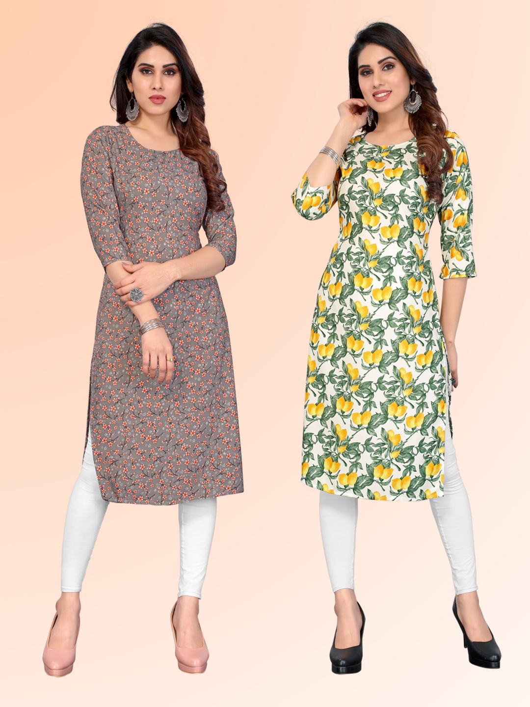 

KETAKI FASHION Selection Of 2 Floral Printed Round Neck Straight Kurtas, White