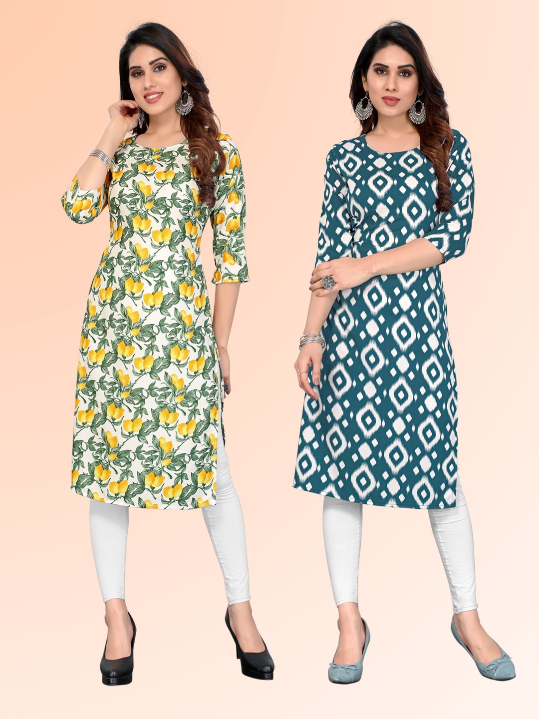 

KETAKI FASHION Selection Of 2 Floral Printed Round Neck Straight Kurtas, White