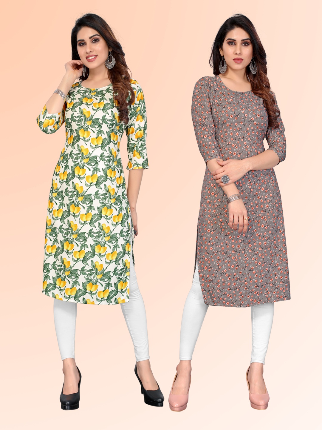 

KETAKI FASHION Selection Of 2 Floral Printed Round Neck Straight Kurtas, White