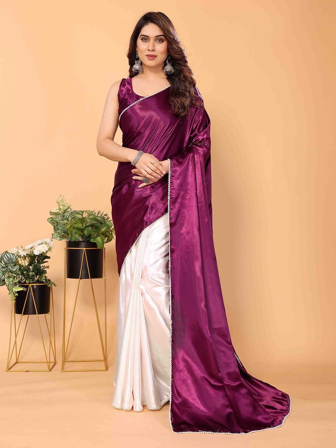 

APNISHA Embellished Half and Half Saree, Purple