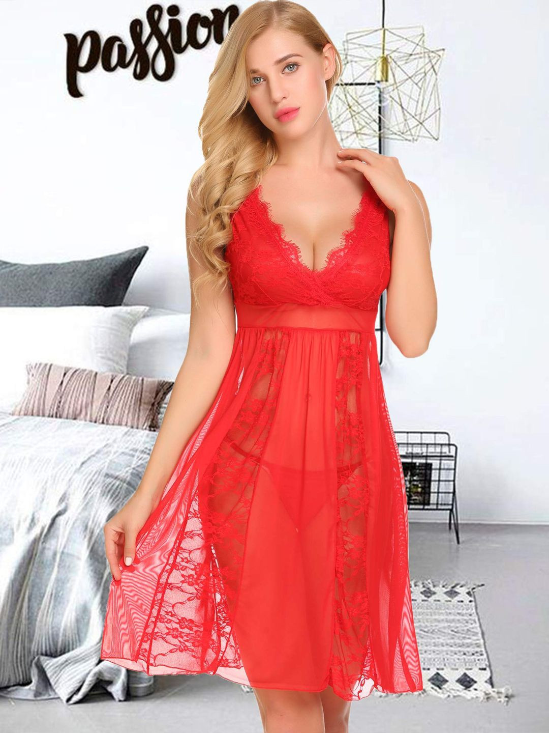 

Beera WomenFloral Self Design V-Neck Baby Doll With Briefs, Red