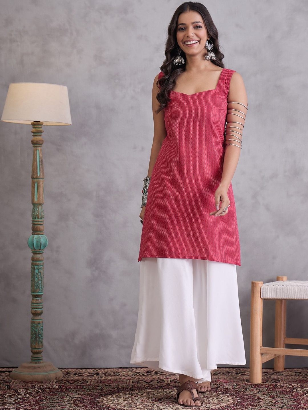 

InWeave Striped Sweetheart Neck Kantha Work Cotton Straight Kurta, Maroon