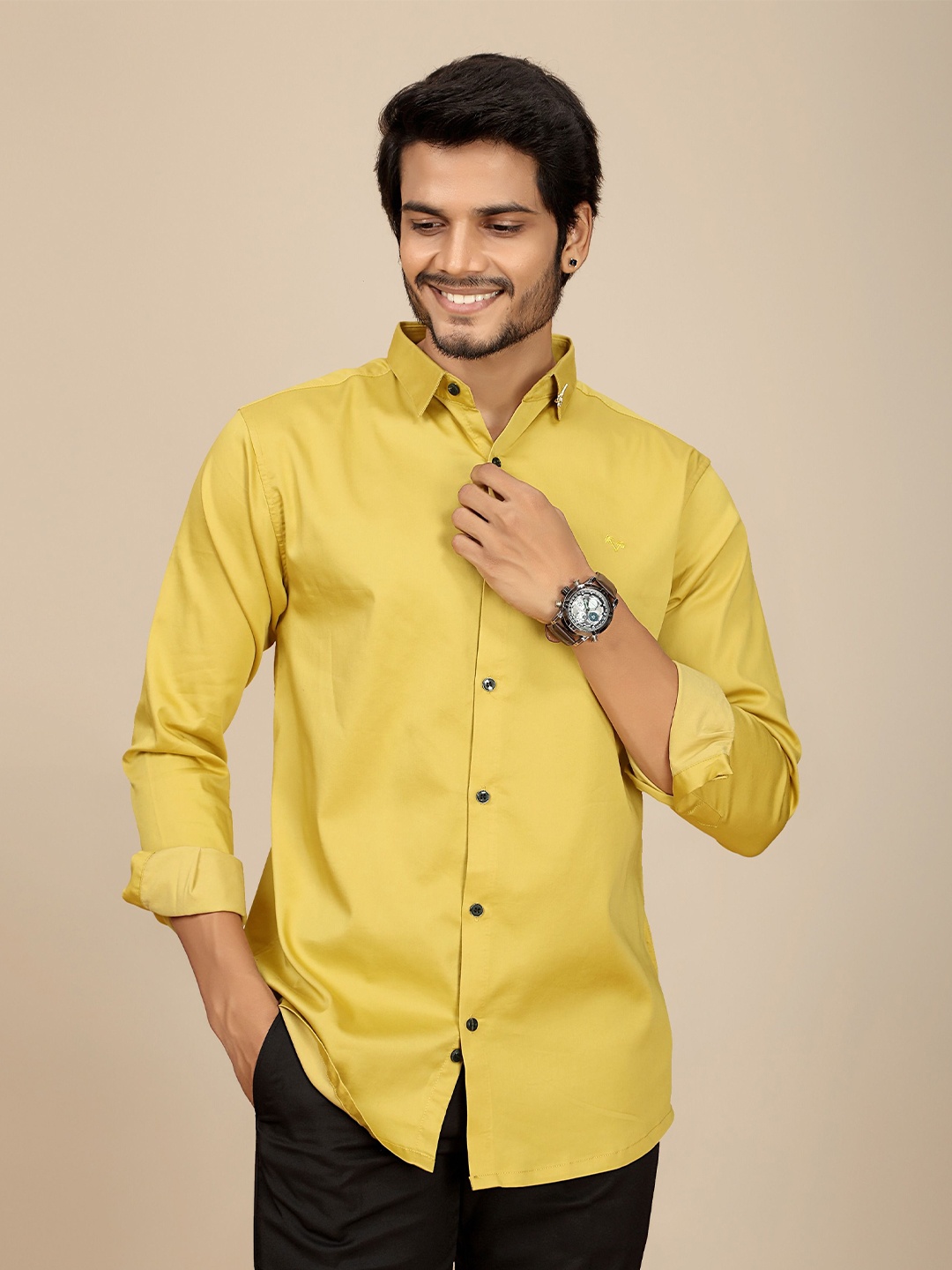 

JOSE N POSE Men Premium Tailored Fit Spread Collar Solid Satin Casual Shirt, Yellow