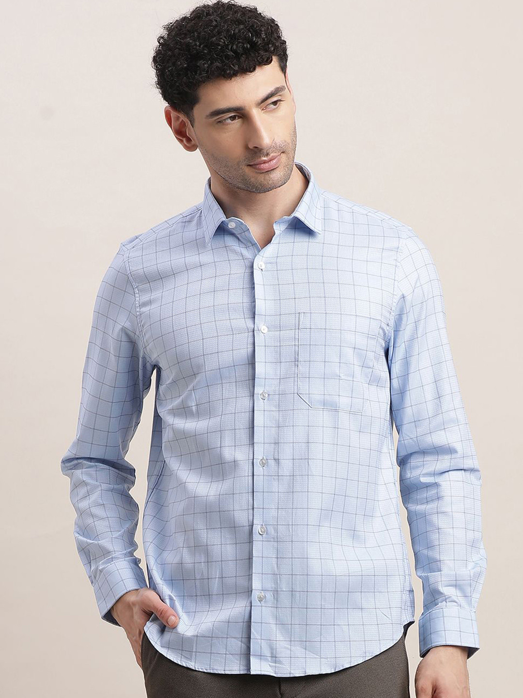 

Turtle Men Standard Slim Fit Spread Collar Grid Tattersall Checked Cotton Formal Shirt, Blue