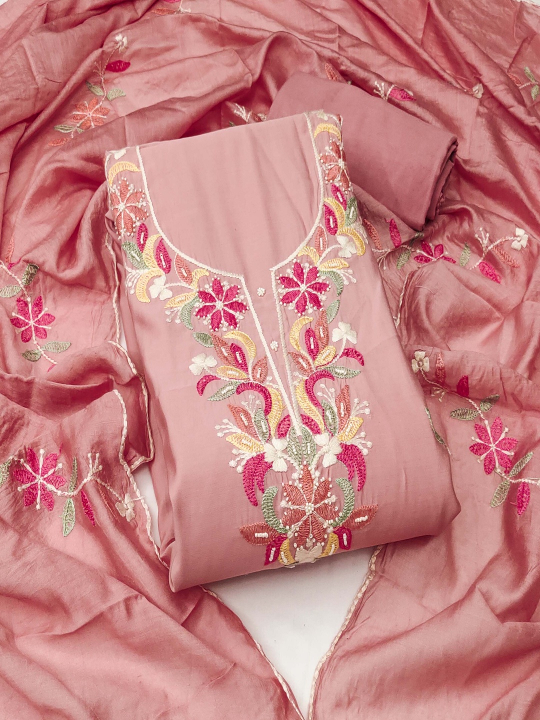 

MANVAA Floral Embroidered Beads and Stones Unstitched Dress Material, Peach