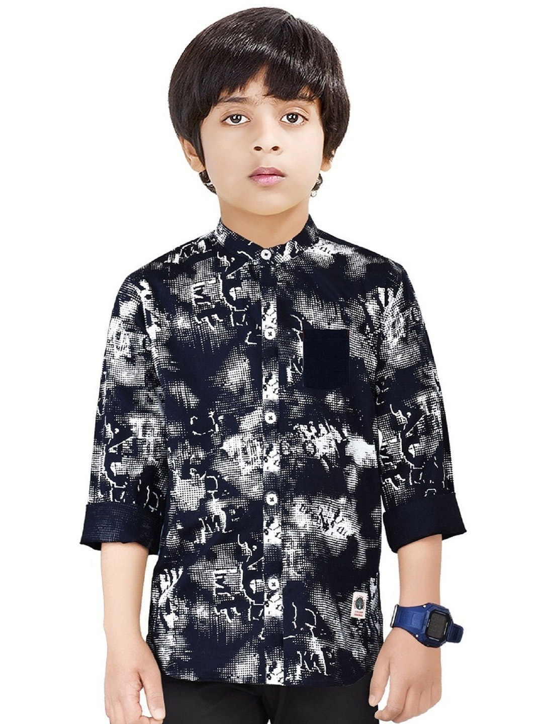 

MADE IN THE SHADE Boys Band Collar Abstract Printed Cotton Casual Shirt, Navy blue