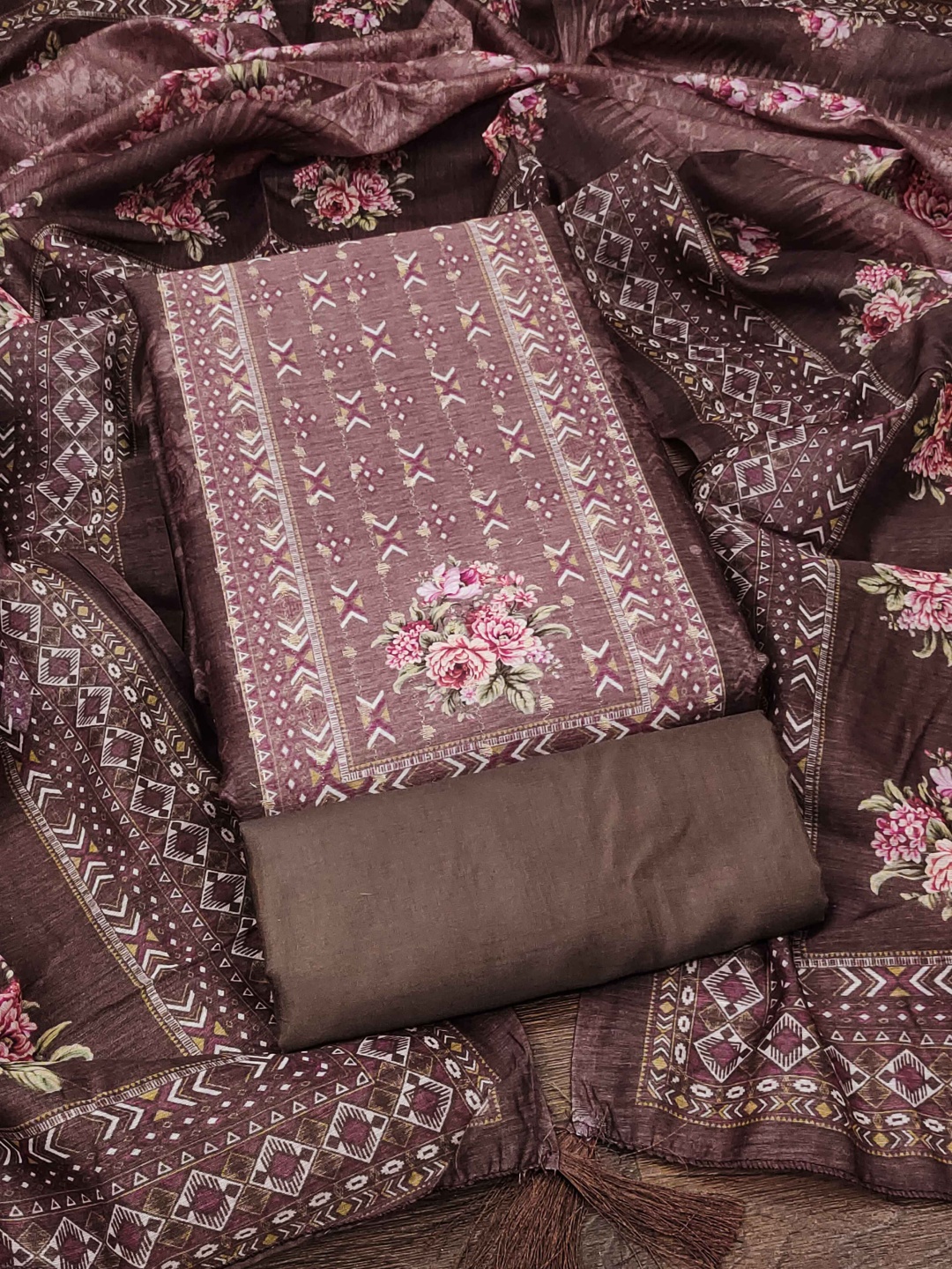 

RUDRAA FAB Floral Printed Pure Chanderi Unstitched Dress Material, Brown