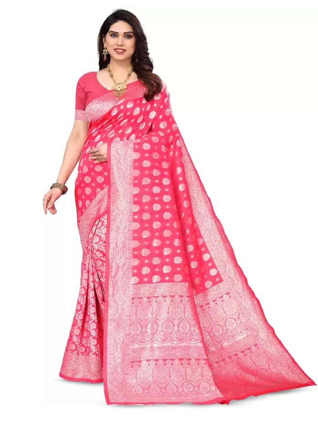 

SAADHVI Woven Design Zari Pure Silk Saree, Pink