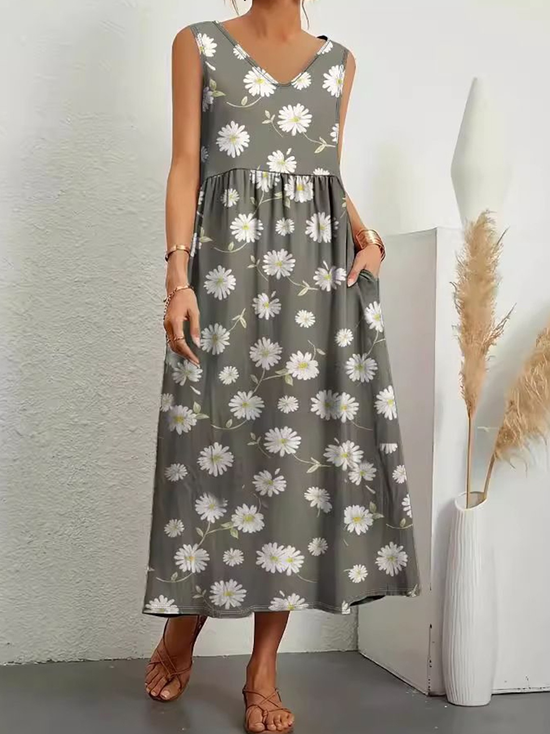 

StyleCast Women Floral Printed Cotton A-Line Midi Dress, Grey