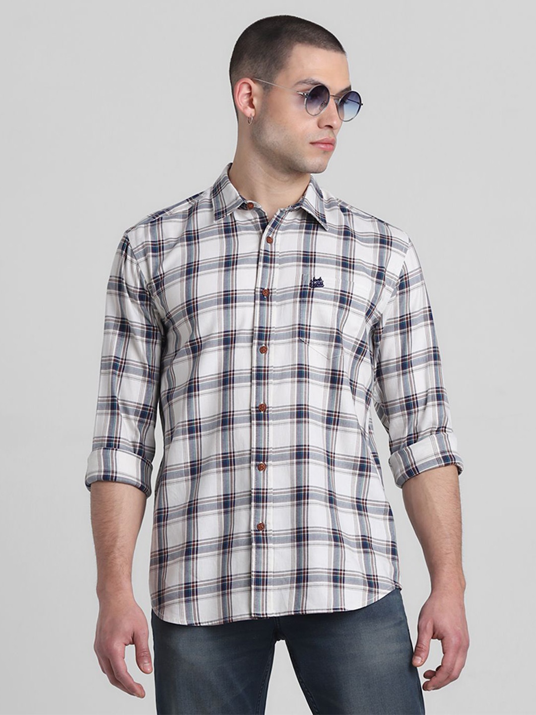 

Jack & Jones Men Spread Collar Tartan Checked Cotton Casual Shirt, White