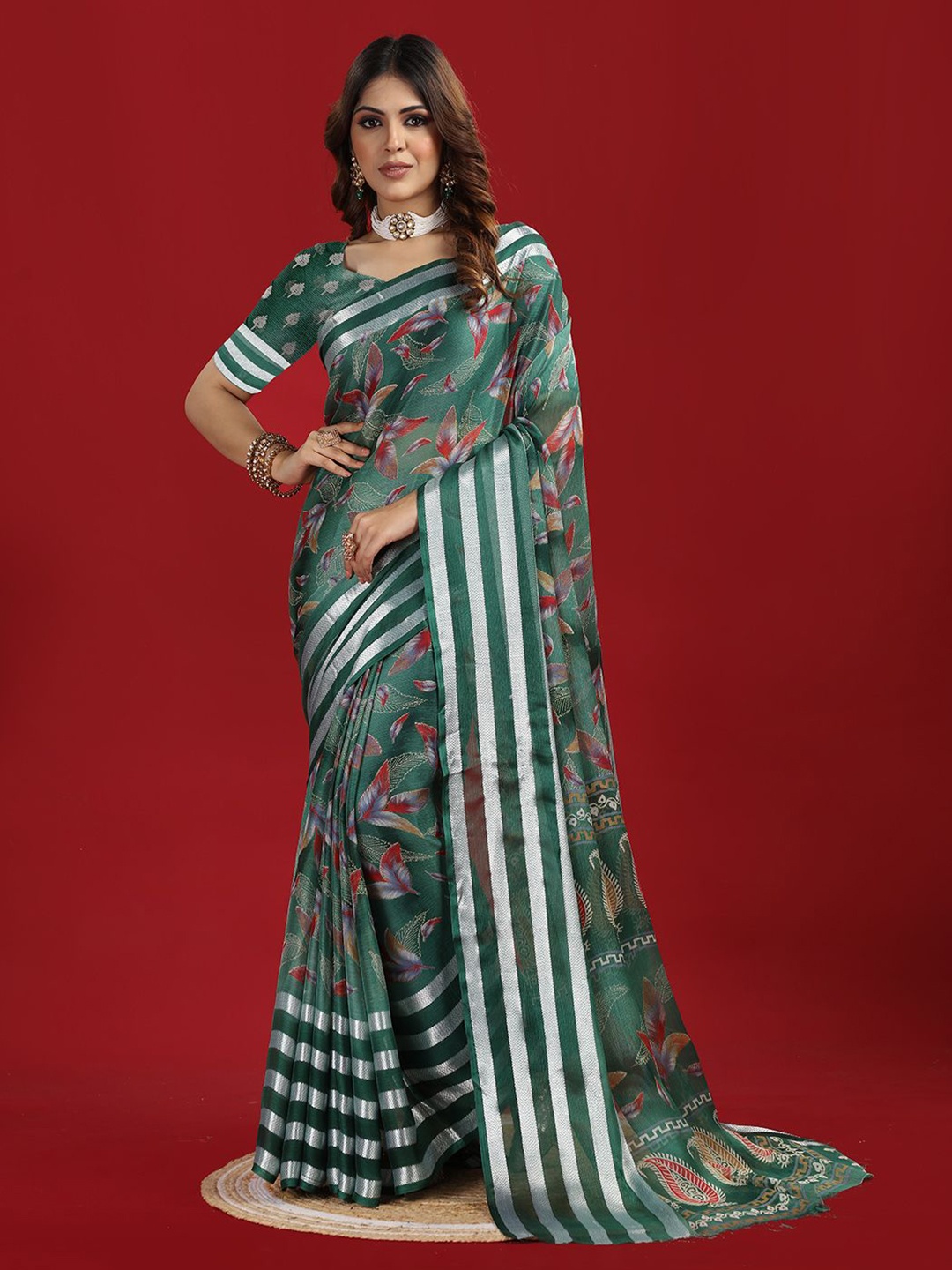 

NIRMAL CREATION Floral Zari Poly Chiffon Saree, Green