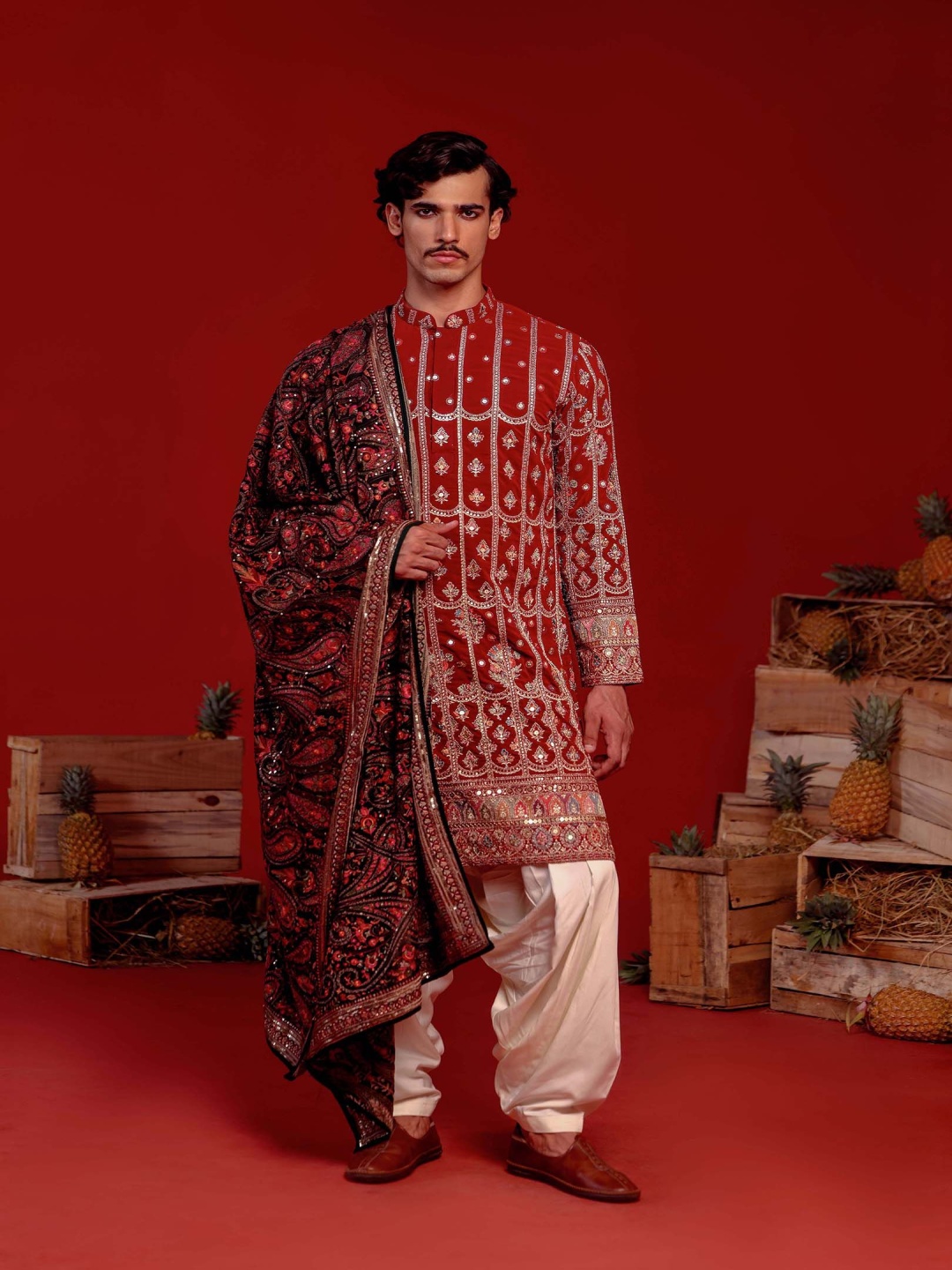 

KALPRAAG Shaivya Ethinc Motifs Embroidered Sequinned Kurta with Patiala & Dupatta, Red