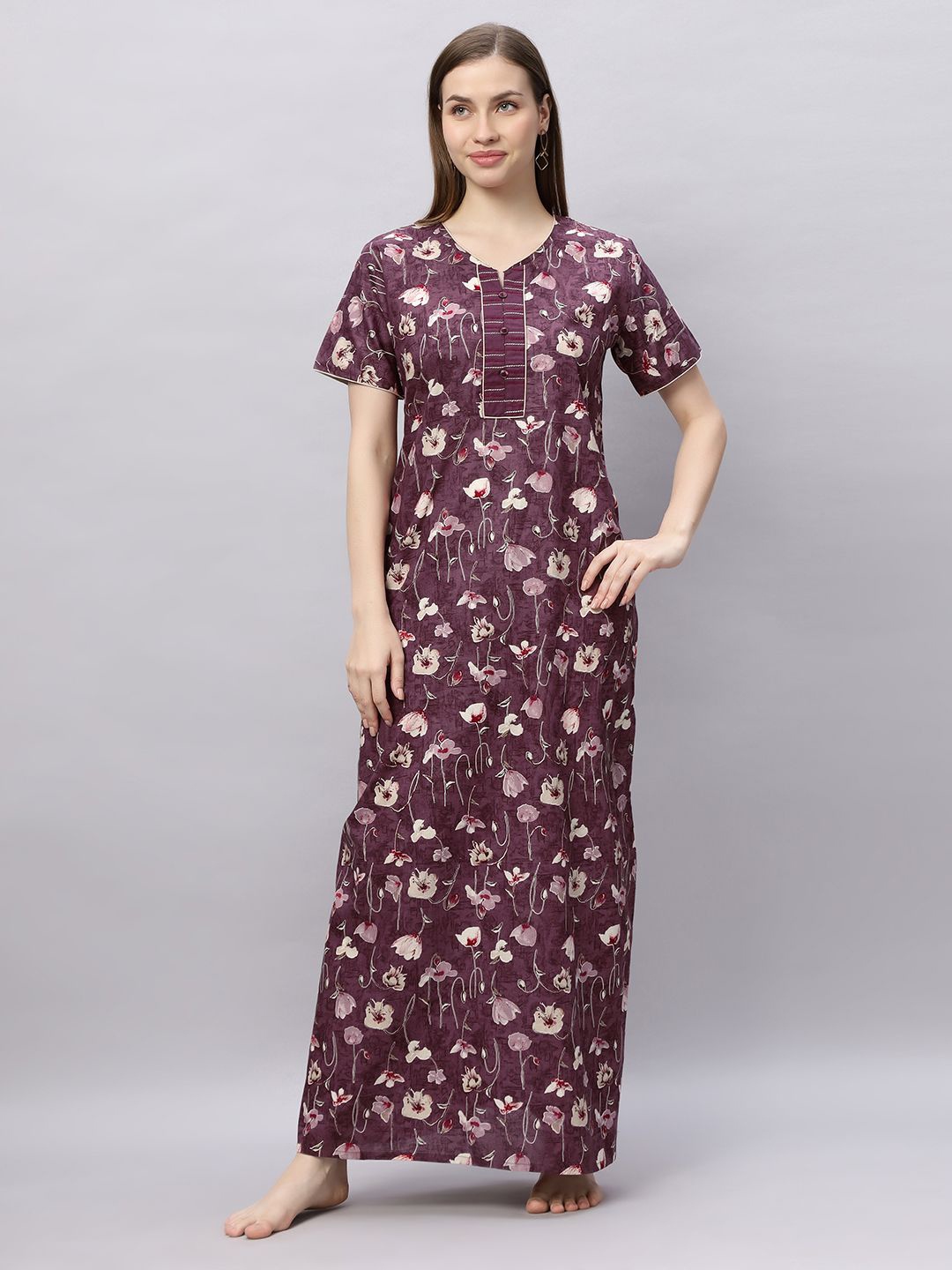 

QUIRA Women Printed Maxi Nightdress, Purple