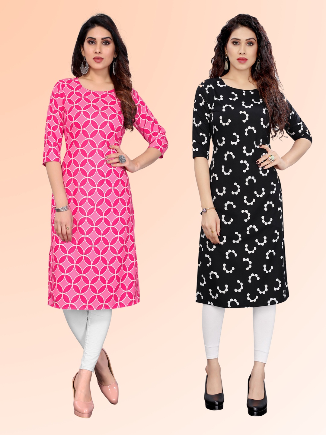 

KETAKI FASHION Selection Of 2 Geometric Printed Round Neck Kurtas, Pink