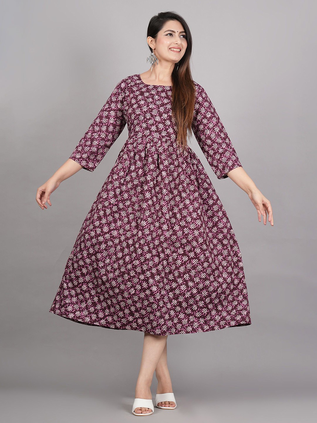

SITA FASHION HUB Printed Maternity Pure Cotton Fit & Flare Midi Dress, Maroon