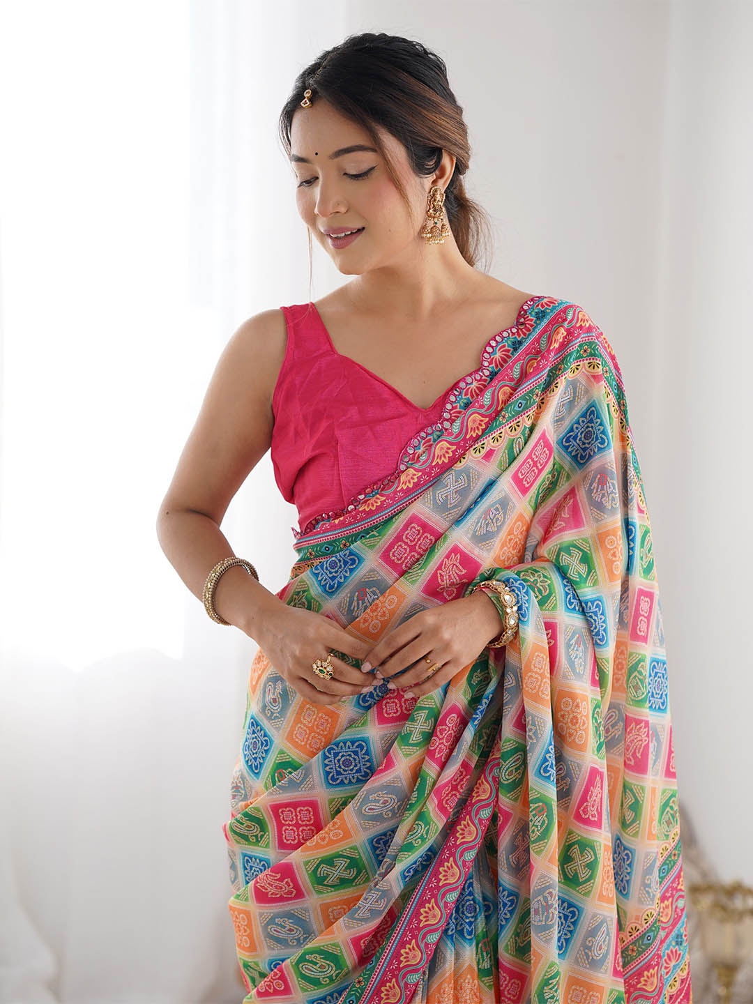 

Kalista Ethnic Motifs Mirror Work Pure Chiffon Saree, Pink