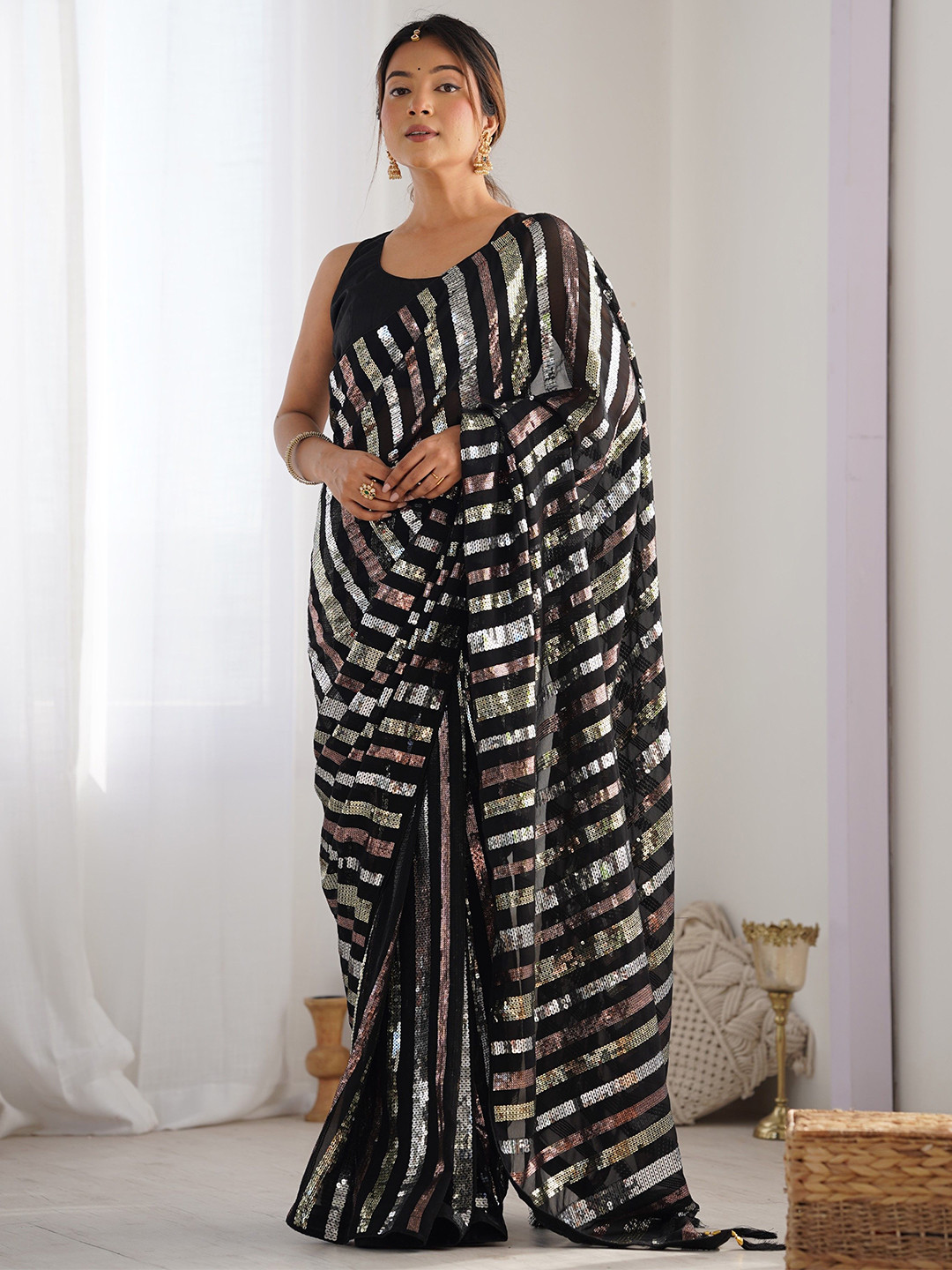 

Kalista Striped Sequinned Pure Georgette Saree, Black