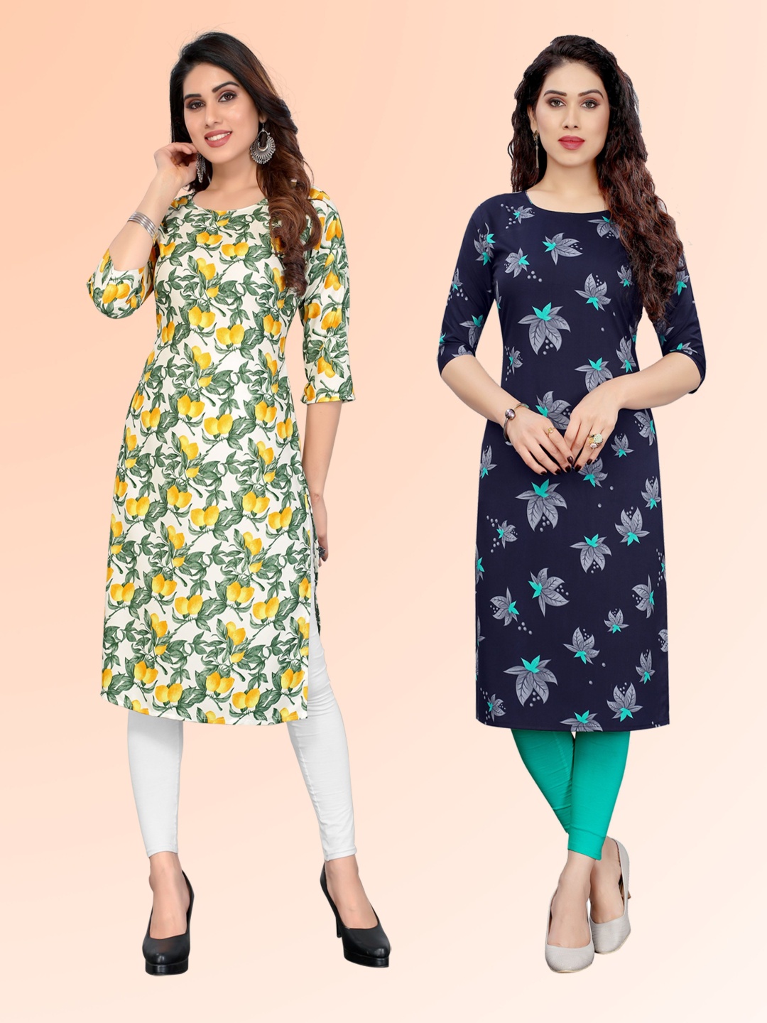 

KETAKI FASHION Selection Of 2 Floral Printed Round Neck Straight Kurtas, White