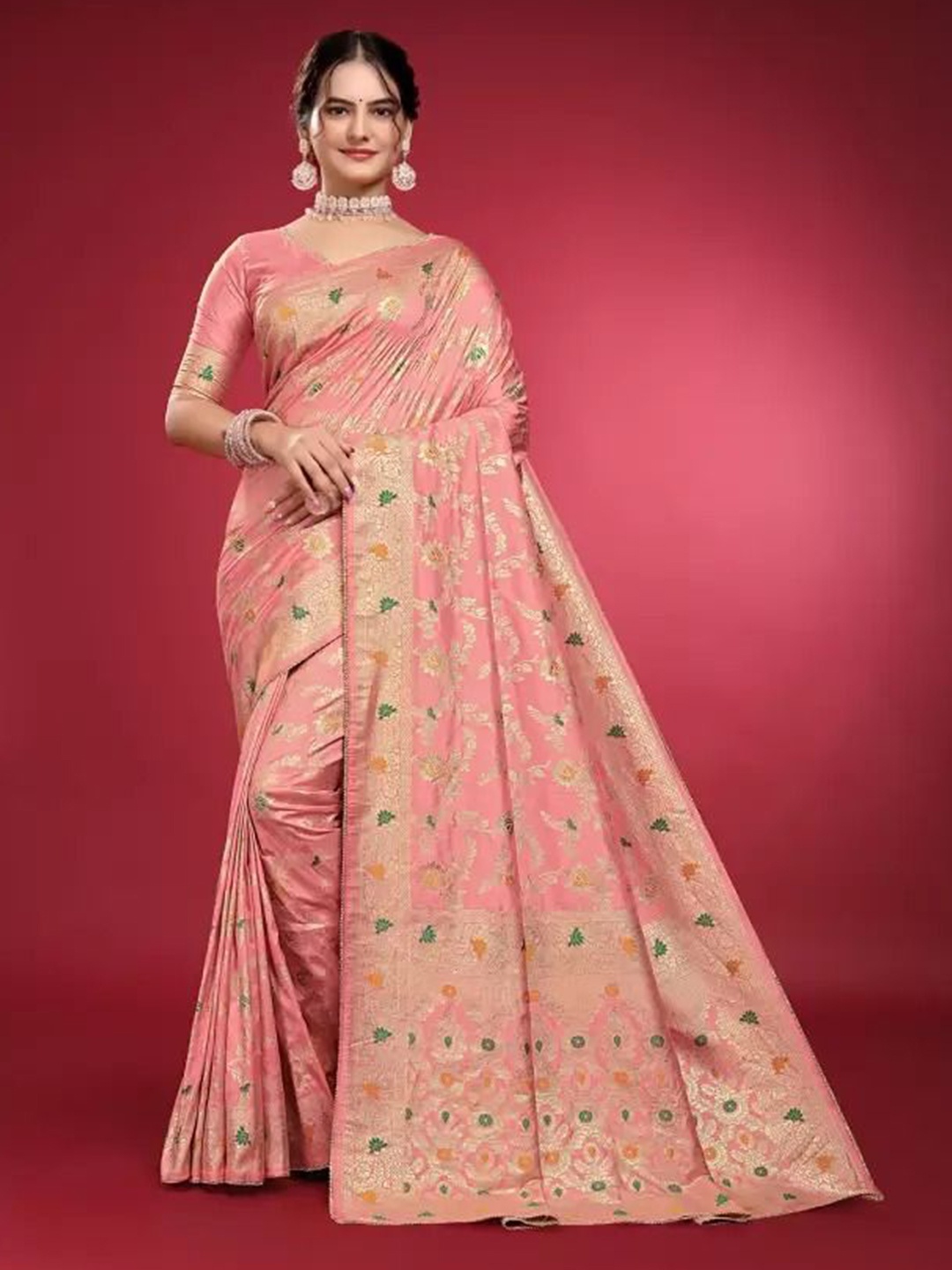 

SAADHVI Woven Design Zari Pure Silk Saree, Pink