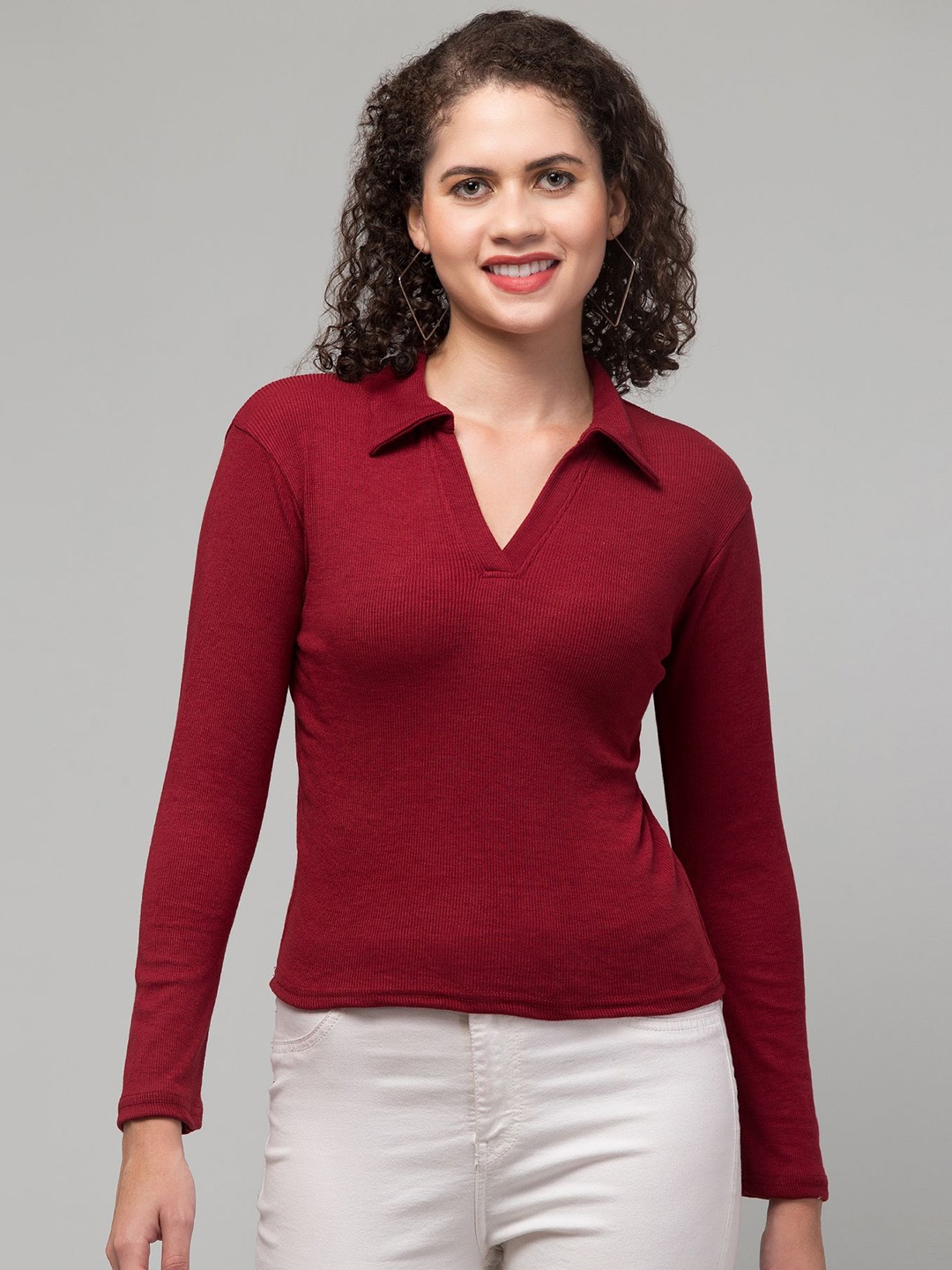 

STYLE PREZONE Women Shirt Collar Fitted Top, Maroon