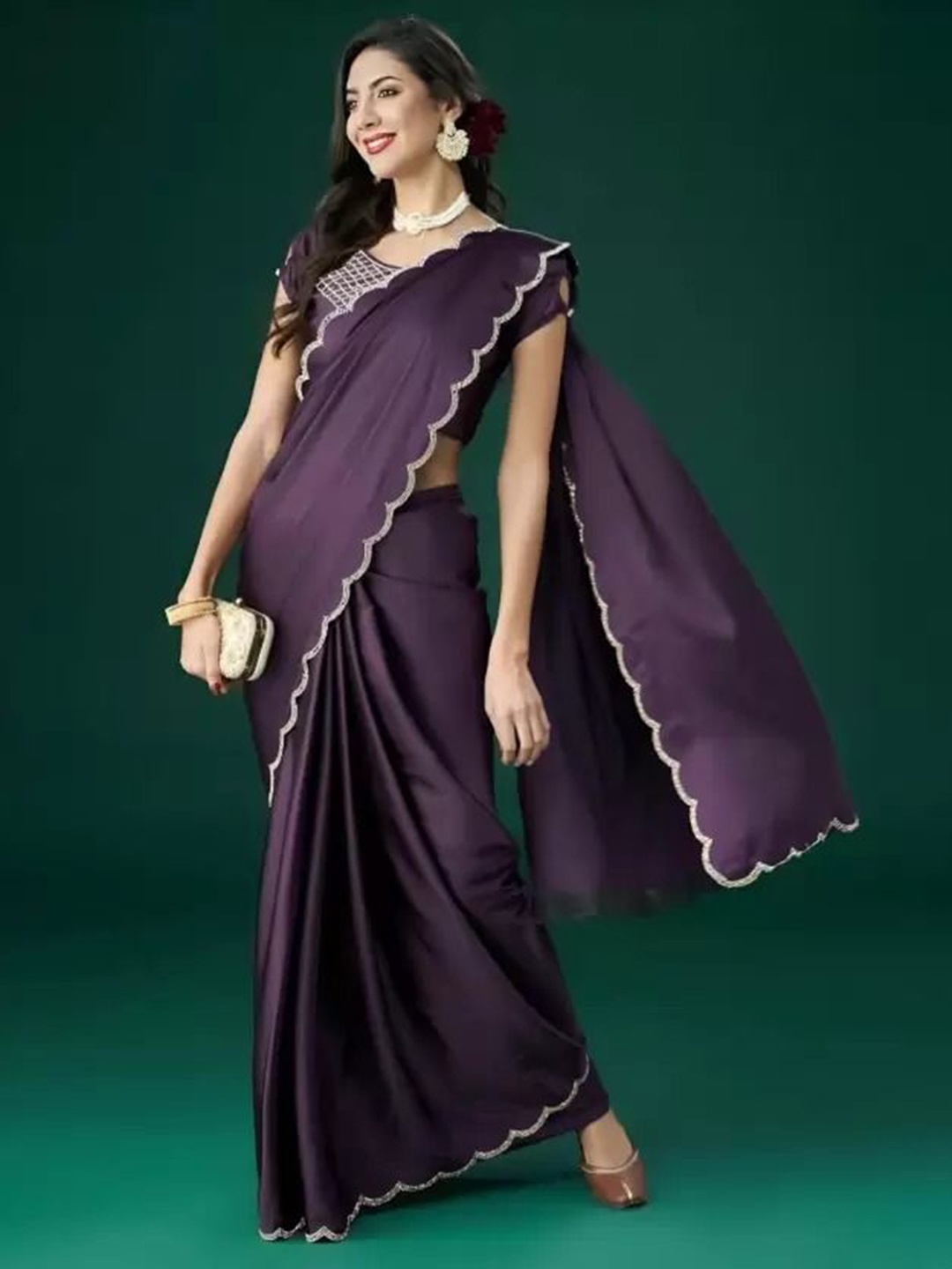 

SAADHVI Beads and Stones Embellished Pure Georgette Saree, Violet