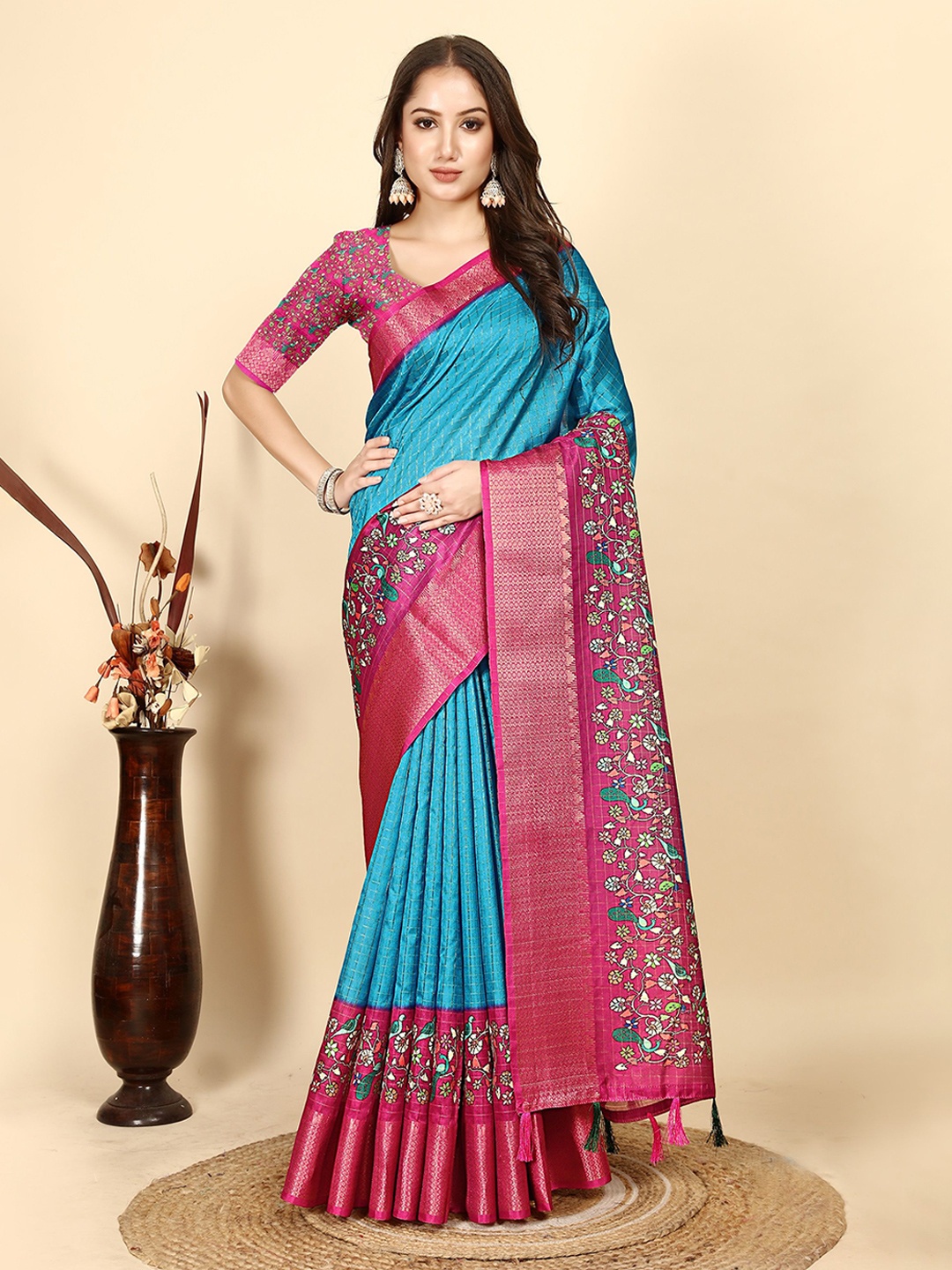 

J 6 DESIGNER Floral Printed Designer Block Print Saree, Blue