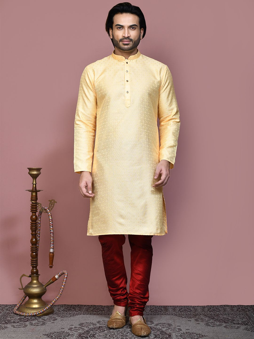 

RANAK Ethnic Motifs Woven Design Mandarin Collar Straight Kurta, Cream