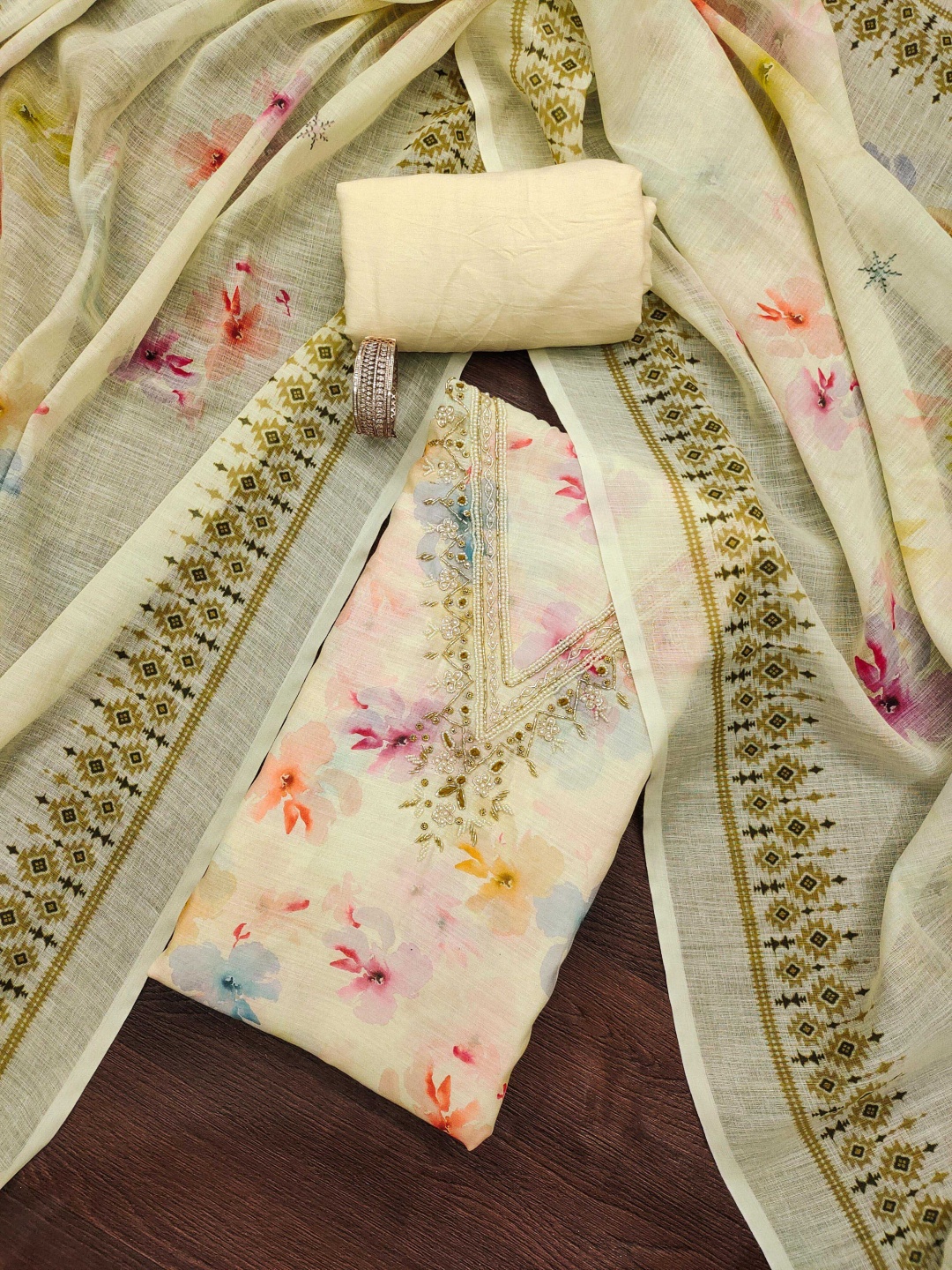 

MANVAA Floral Printed Beads and Stones Unstitched Dress Material, Cream