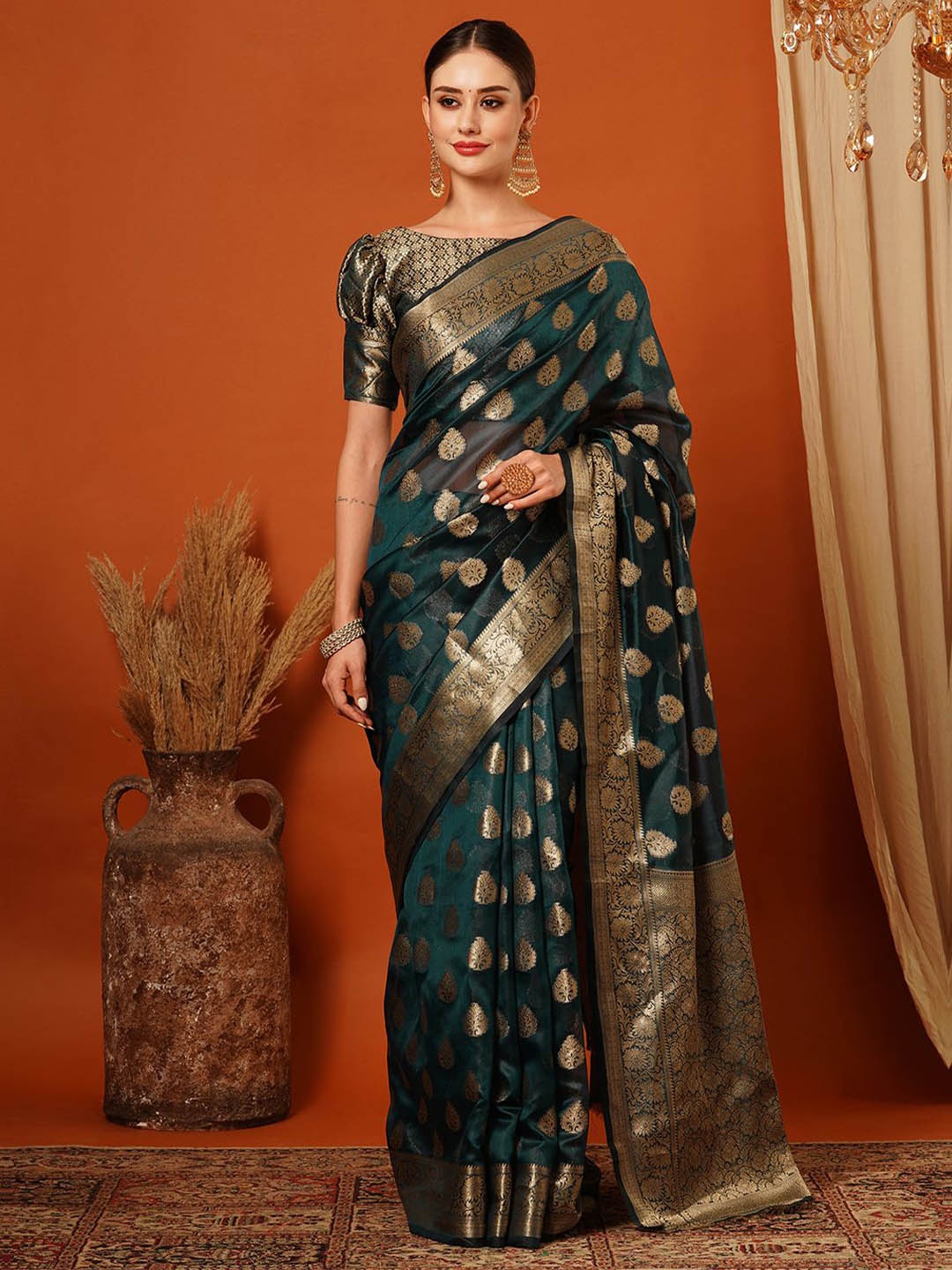 

yourwish Woven Design Zari Organza Banarasi Saree, Teal