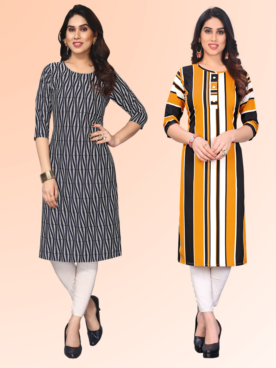 

KETAKI FASHION Selection of 2 Abstract Printed Round Neck Straight Kurtas, Black
