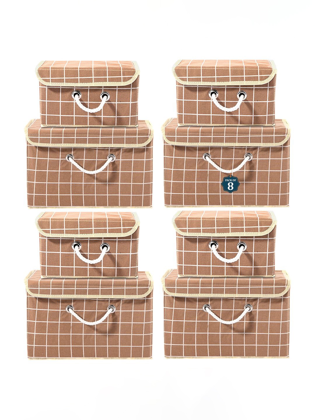 

Kuber Industries Brown Set of 8 Reusable Drawer Organiser Check Print Storage Basket