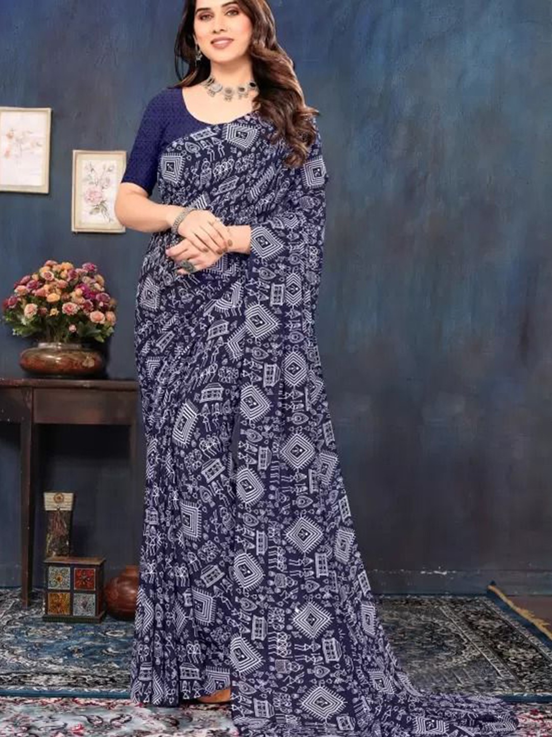 

SAADHVI Bandhani Pure Georgette Designer Saree, Navy blue