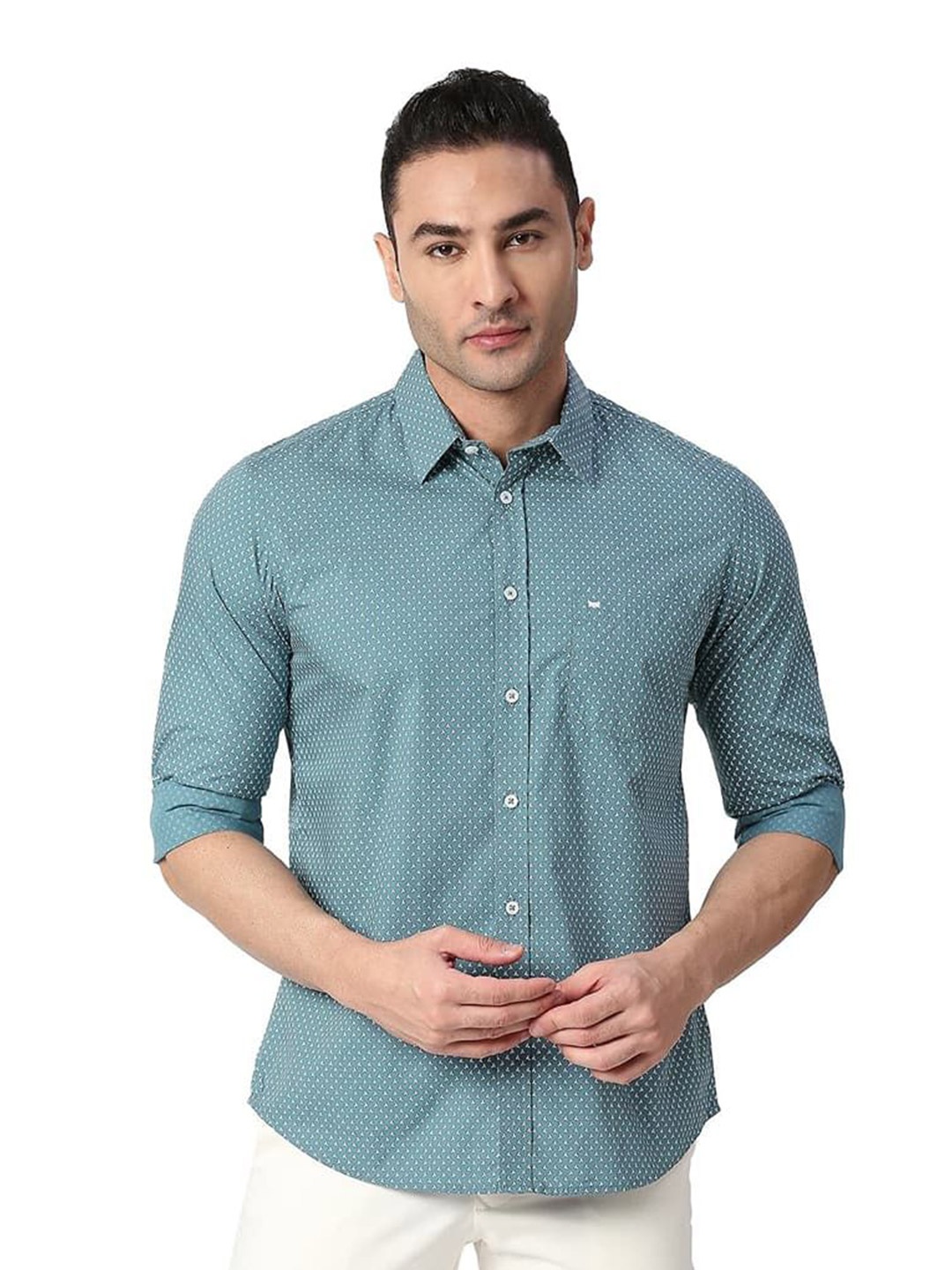 

Basics Men Slim Fit Spread Collar Micro Ditsy Printed Cotton Casual Shirt, Turquoise blue