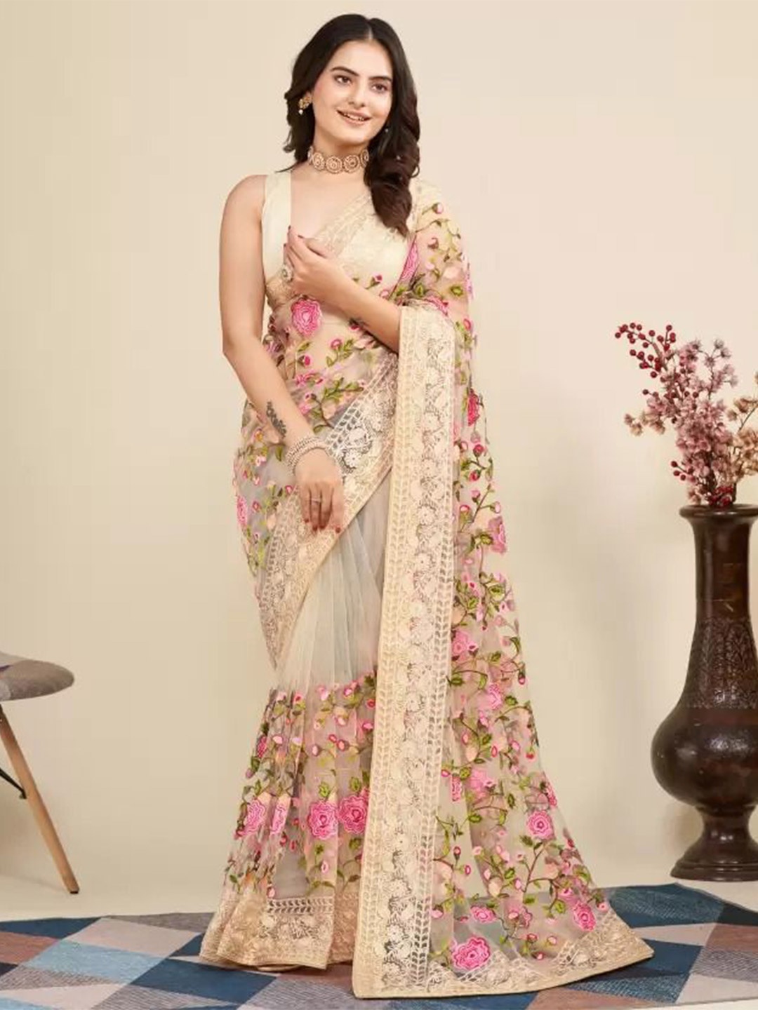 

SAADHVI Embellished Embroidered Net Saree, Cream