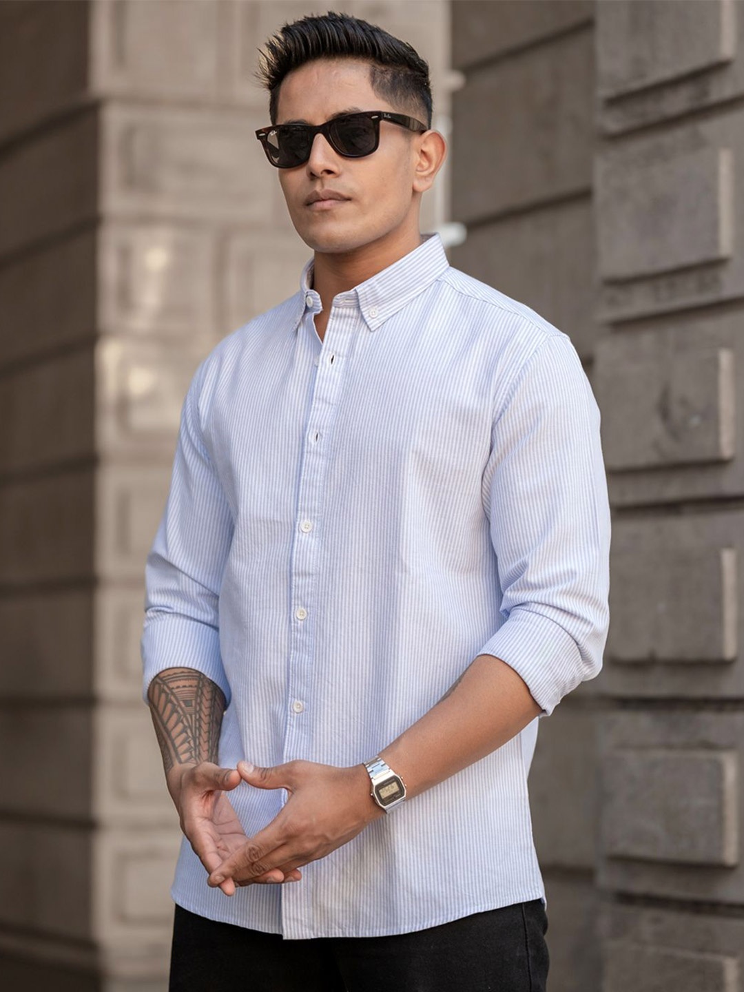 

Powerlook Men Button-Down Collar Pinstripes Printed Cotton Casual Shirt, Blue