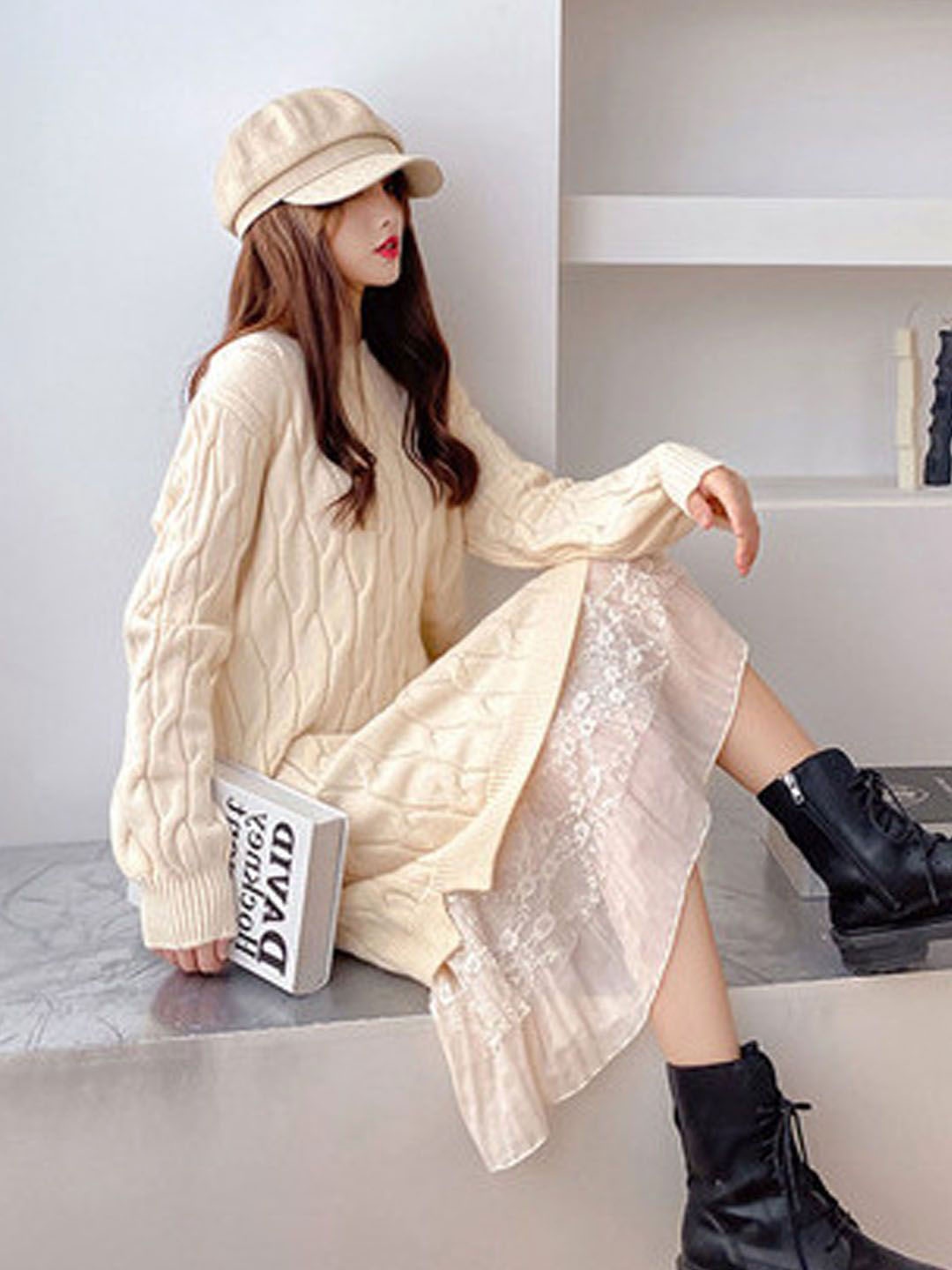 

StyleCast Women Midi Jumper Dress With Lace Details, Cream