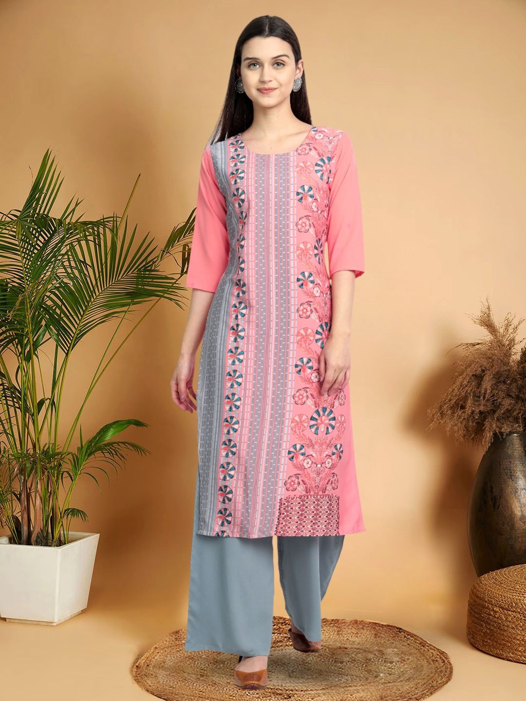 

7Threads Selection Of 4 Floral Printed Thread Work Round Neck Straight Kurtas, Pink