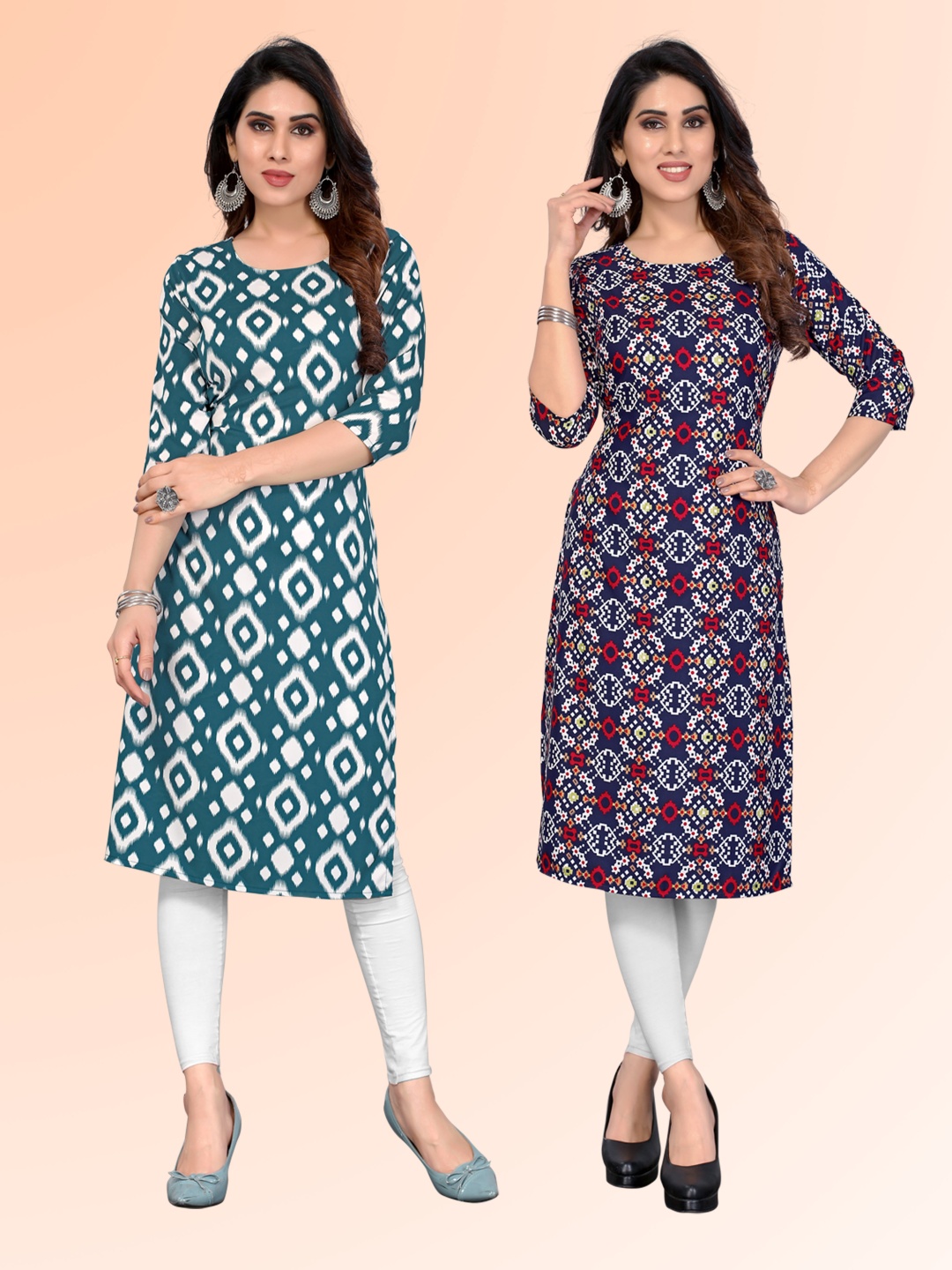 

KETAKI FASHION Selection Of 2 Geometric Printed Round Neck Kurtas, Blue