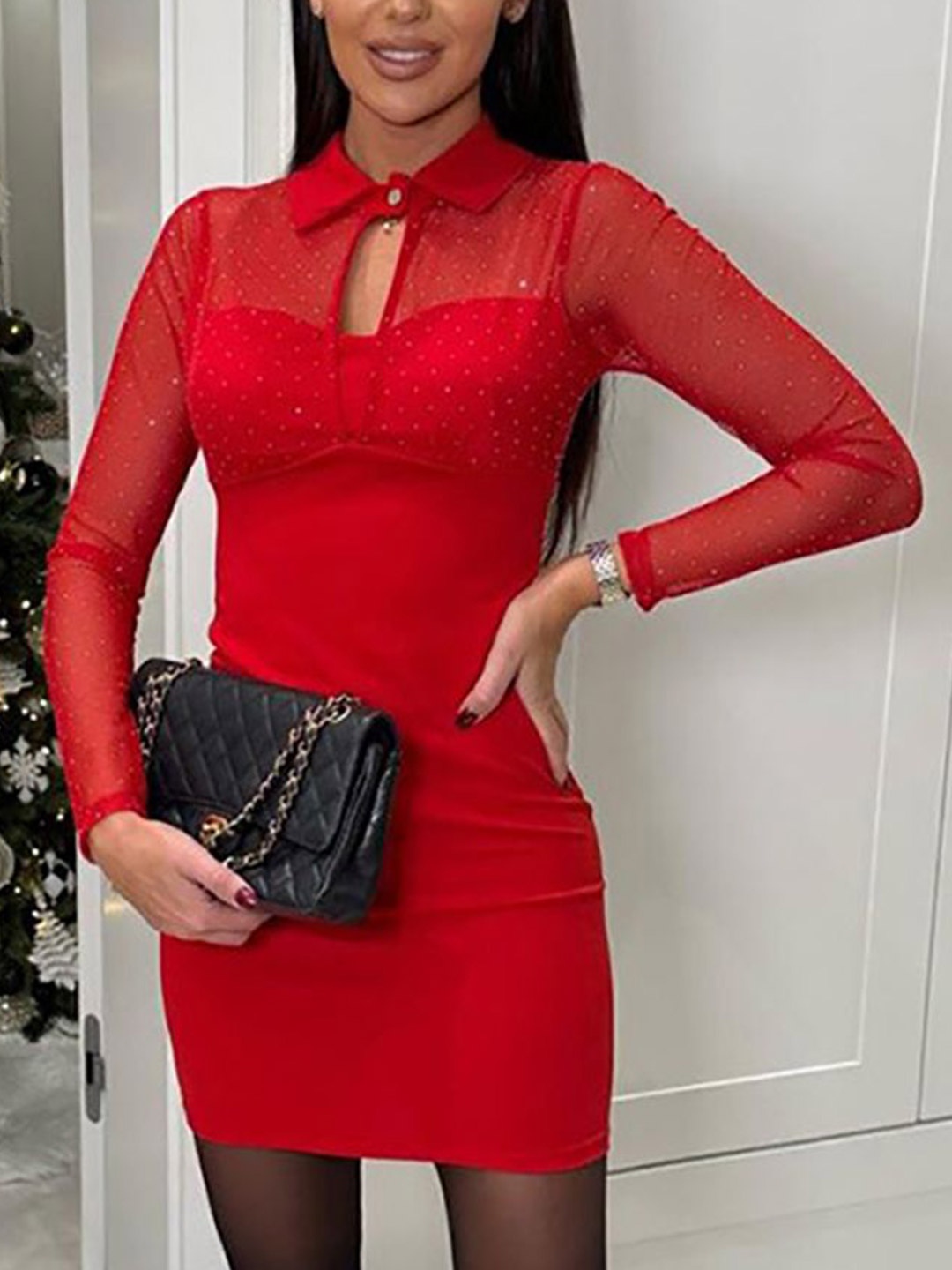 

StyleCast x Revolte Women Shirt Collar Bodycon Mini Dress, Red