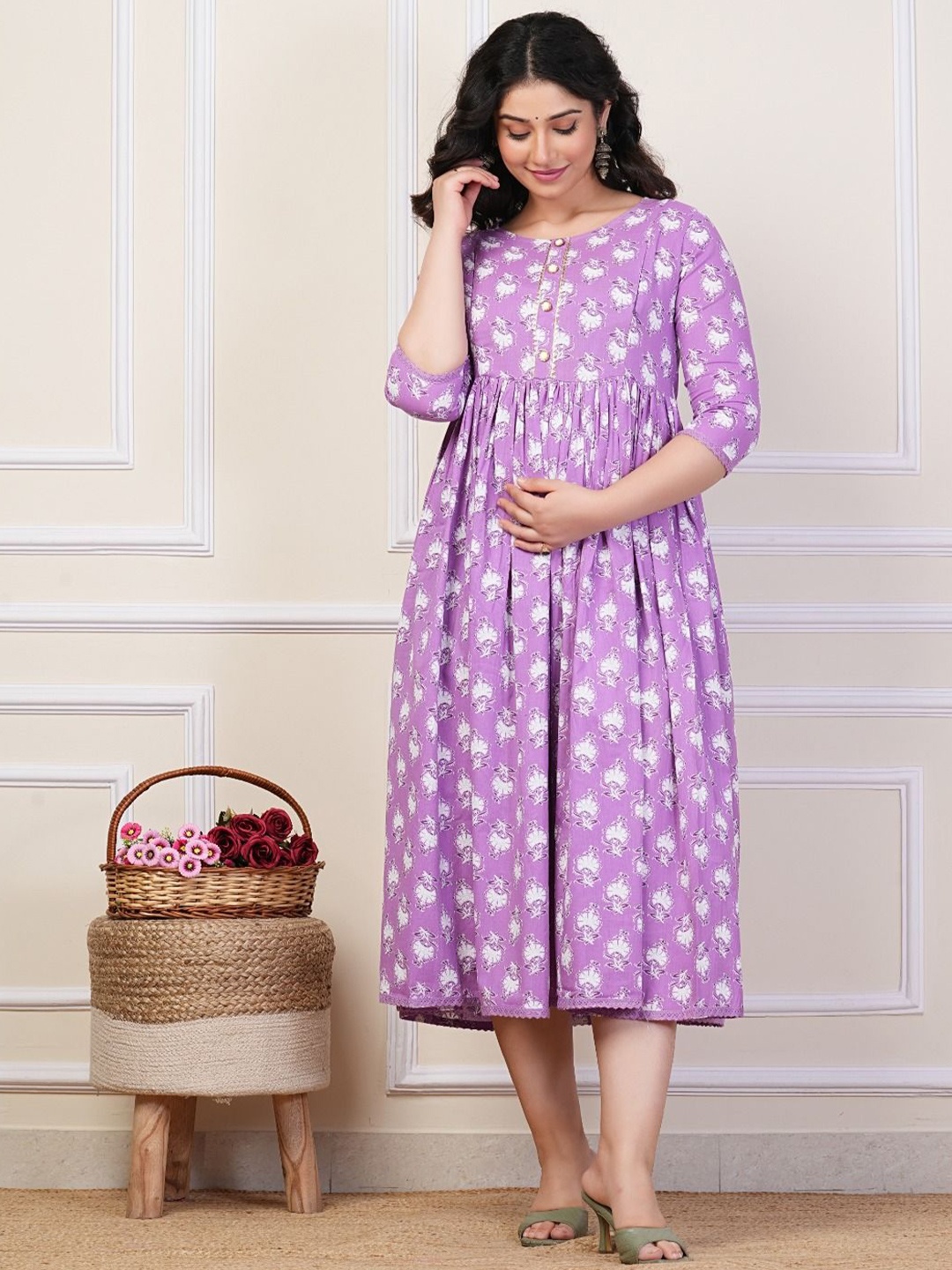 

Pristyle Floral Printed Maternity Fit and Flare Dress, Purple