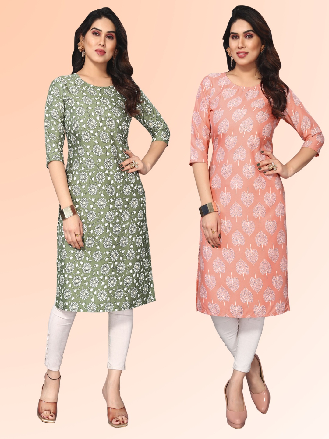 

KETAKI FASHION Selection Of 2 Striped Floral Round Neck Straight Kurtas, Green