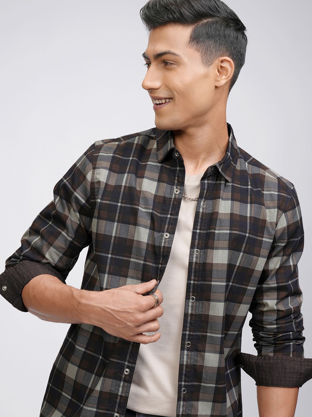 

LOCOMOTIVE Premium Men Reversible Printed Checked Regular Shirt, Brown