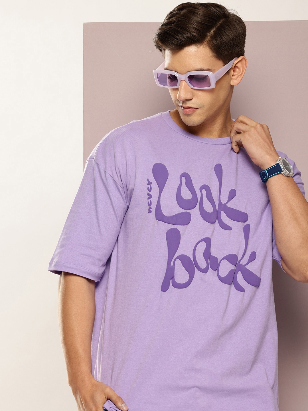 

Kook N Keech Typography Printed Drop-Shoulder Sleeves Pure Cotton Oversized T-shirt, Lavender