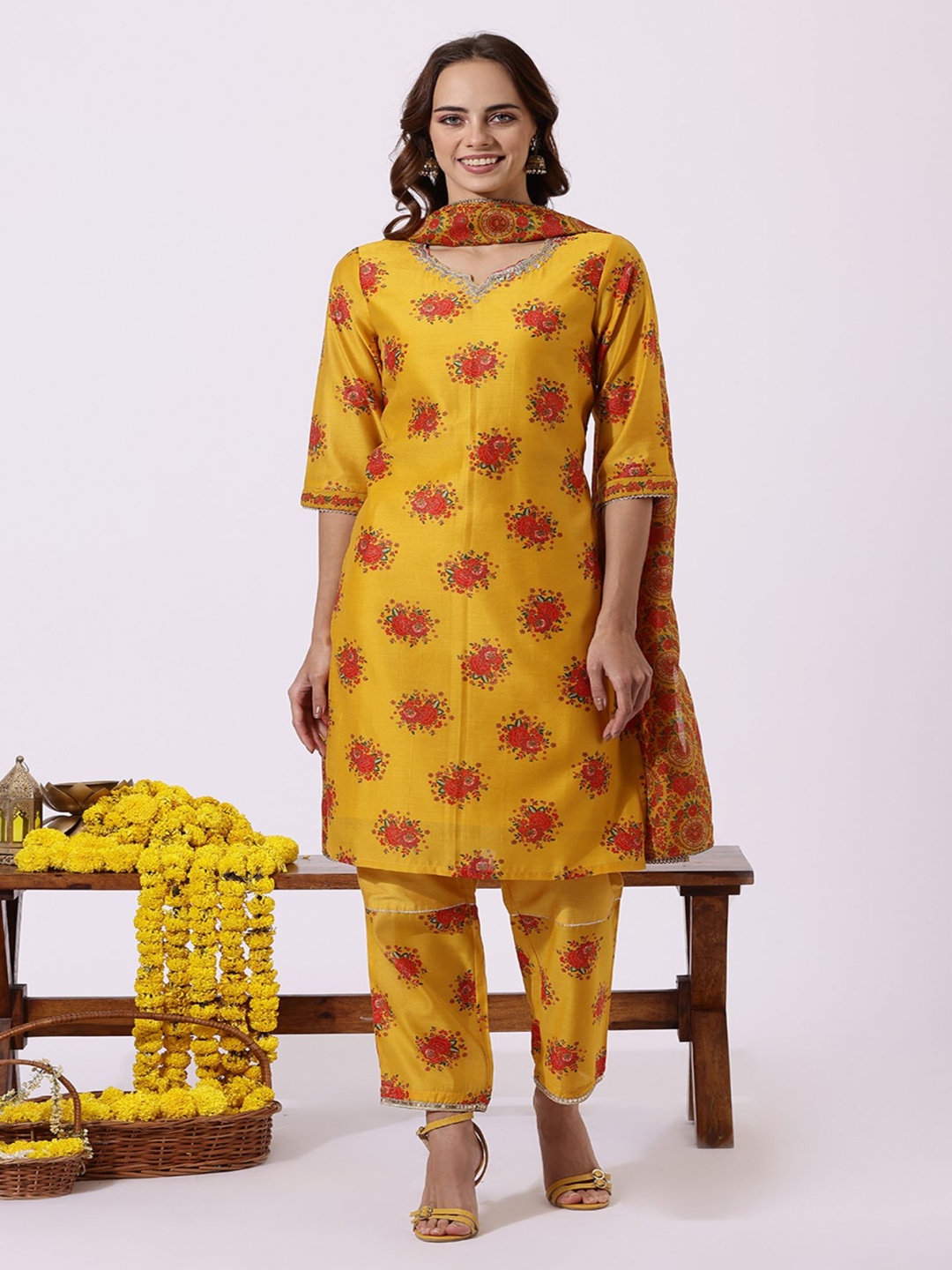 

W Floral Printed Sequinned Notch Neck Straight Kurta With Trousers & Dupatta, Yellow
